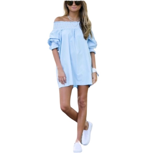 NWT ZARA Smocked Off Shoulder Chambray Shift Dress Sz XS - Picture 1 of 13